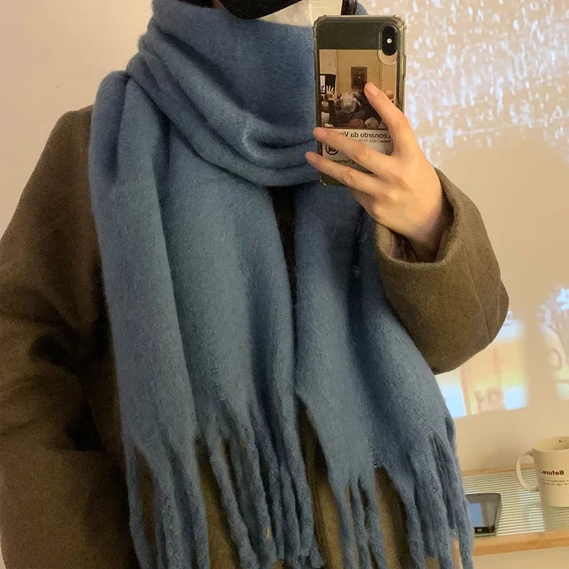 Thickened Solid Color Scarf Women's Winter New 2023 Korean Style Ins Winter Student Versatile Shawl Neck White scarf and shawl