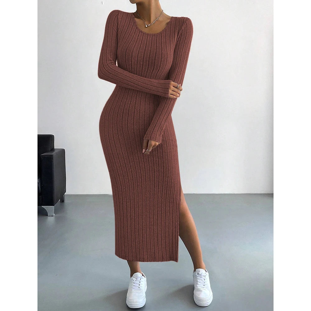 Mia Muse Women's Dresses Autumn French Plain Stripe Split Long Sleeve Scoop Neck Bodycon Full Length Maxi Casual long dress