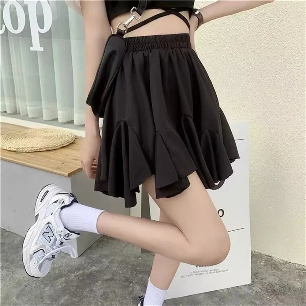 New Ruffled Skirt Elastic Waist Thin Women A-line Pleated Puffy Preppy Style Solid Color skirt