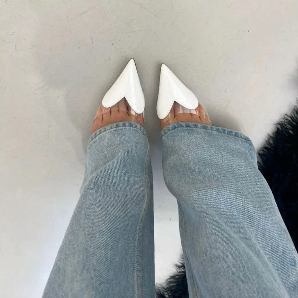 Pointed Toe Heart High Heels Mules Sandals Slipper for Women  Black White Red Shoes heel shoes