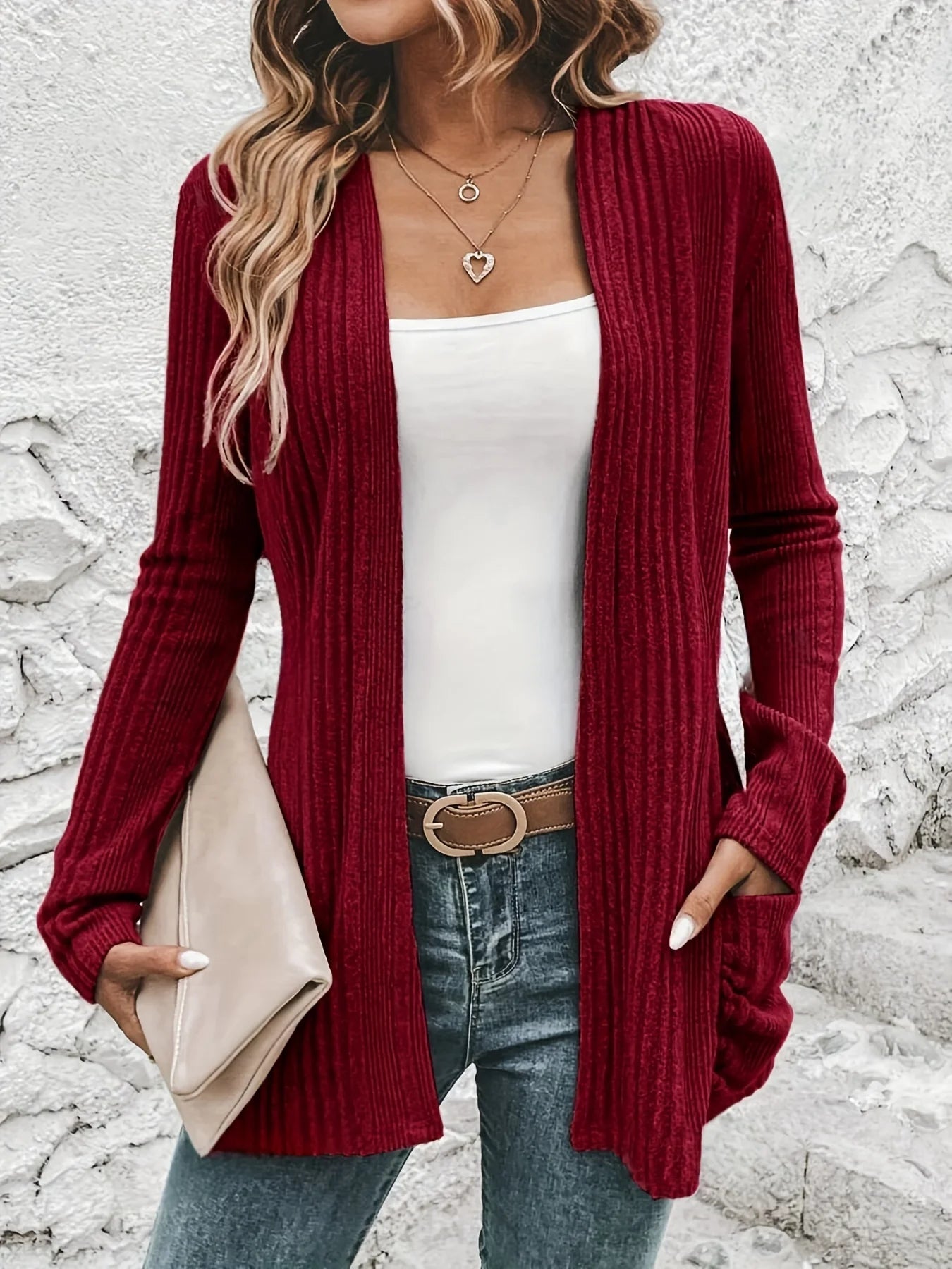 Elegant open front solid cardigan, long sleeve double pocket cardigan, suitable for spring and autumn, women's clothing  sweater