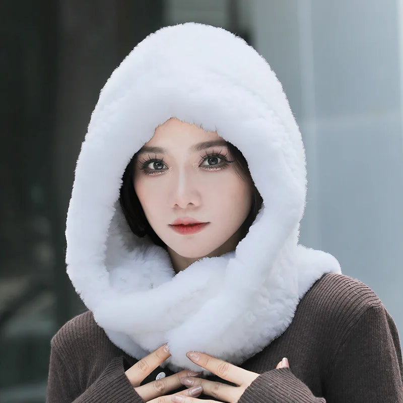 Hot Sale New Women Real Knitted Rex Rabbit Fur Hat Hooded Scarf Long Winter Warm Fur Hat With Neck Collar Scarves Hat Scarf scarf and shawl