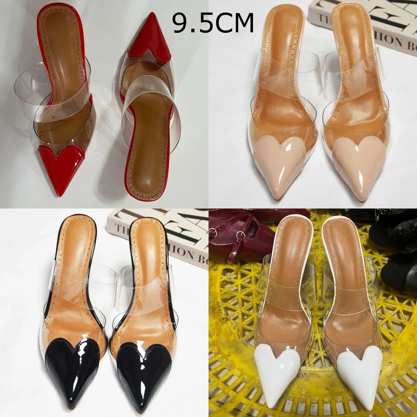 Pointed Toe Heart High Heels Mules Sandals Slipper for Women  Black White Red Shoes heel shoes