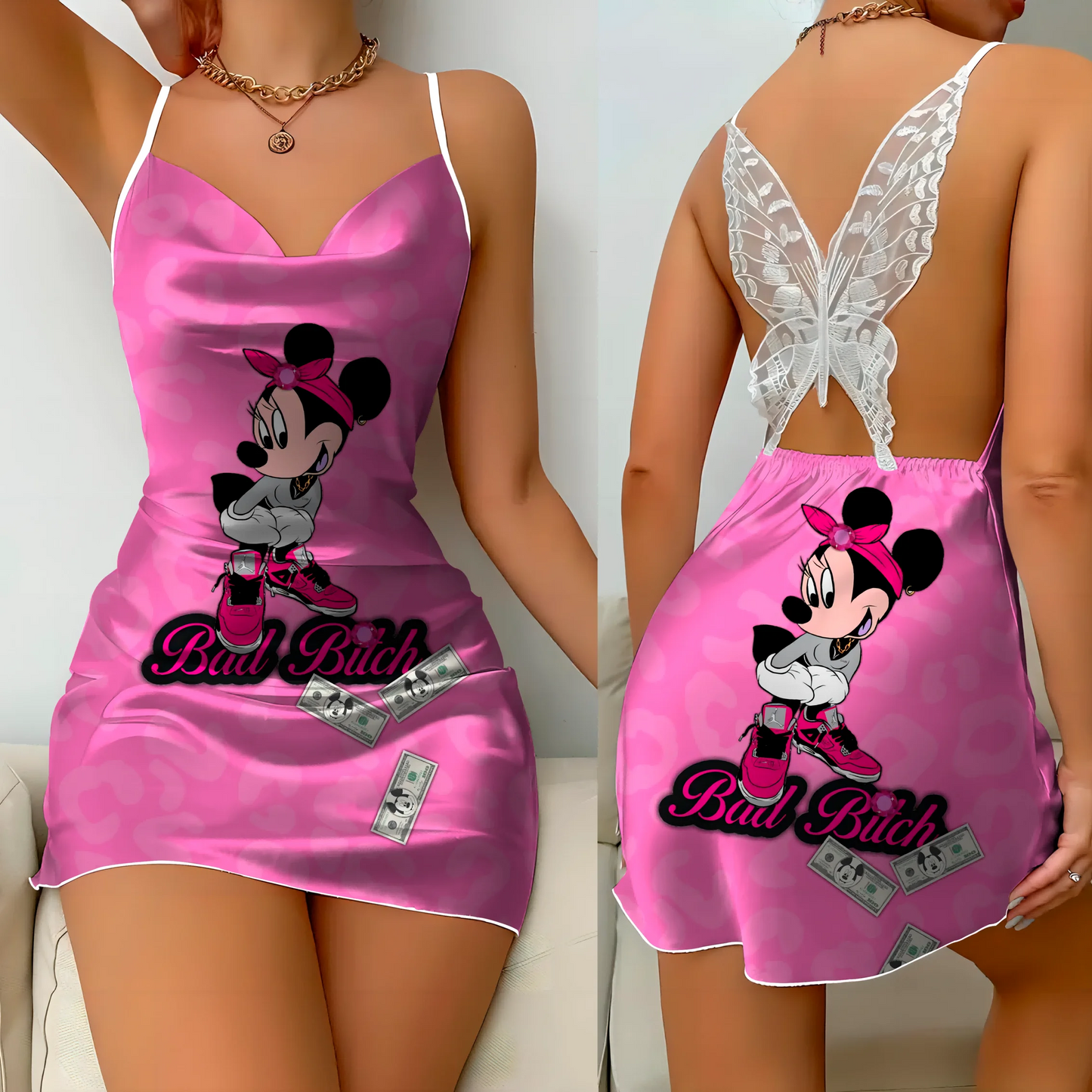 Mini Dress Pajama Skirt Bow Knot Party Dresses Satin Surface Minnie Mouse Disney Mickey Womens Fashion party dress