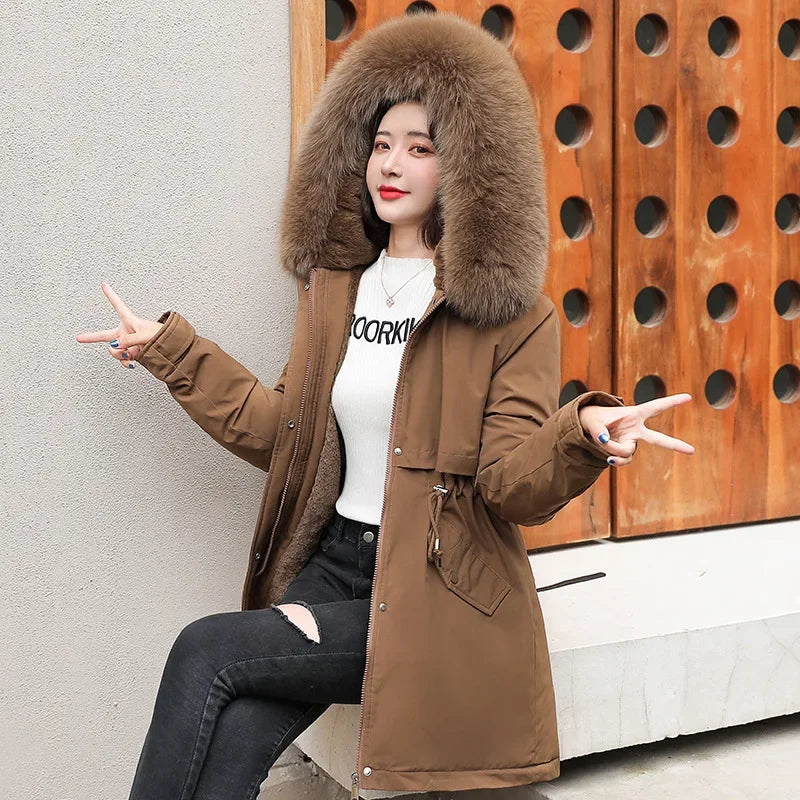 Women Parka Fashion Long Coat Wool Liner Hooded Parkas New Winter Jacket Slim with Fur Collar Warm Snow Wear Padded Clothes