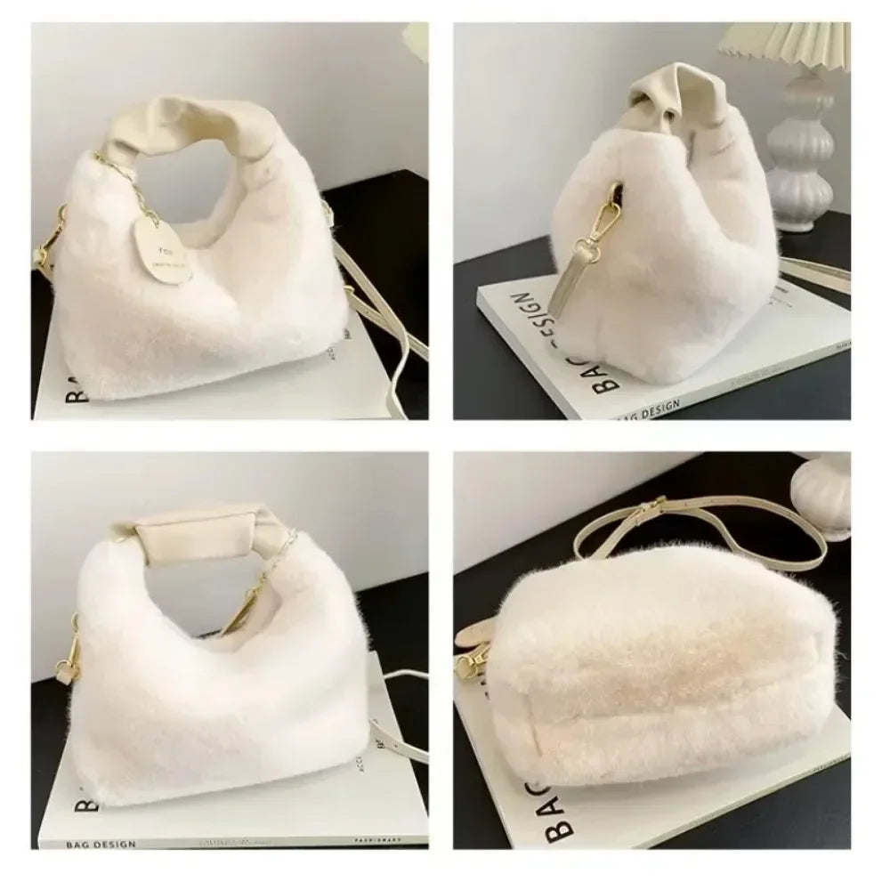 New Fashion Women Lady Shoulder Underarm Bag Solid Color Soft Plush Handbag Fluffy Totes Purse Autumn Winter Shopping Bags