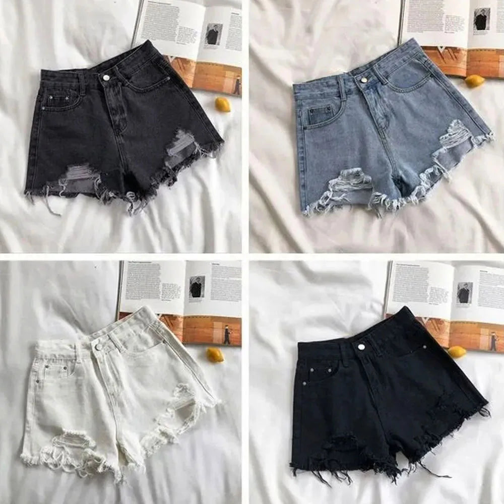 Women's Cowboy Shorts High Waist Casual Blue Denim Shorts Pocket Tassel Perforated Fashion Shorts Y2K Female Jeans shorts