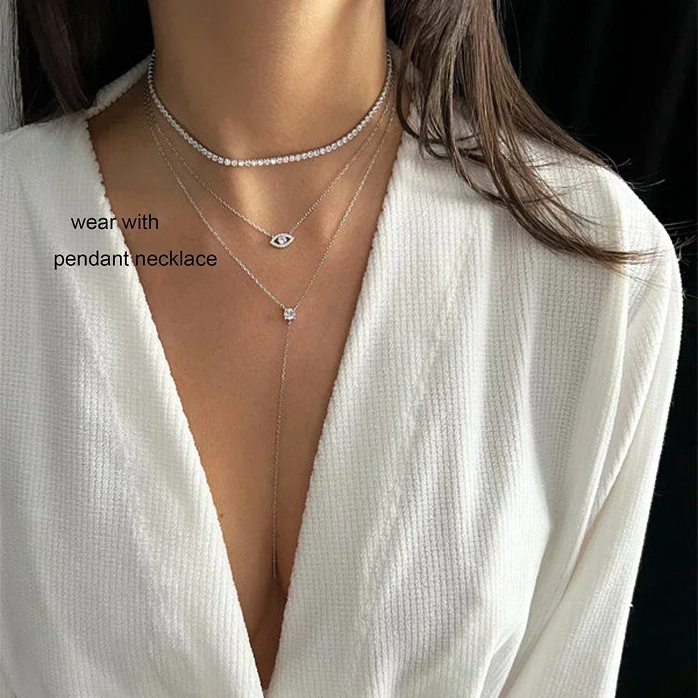 2mm Moissanite Diamond Tennis Necklace for Women 925  Sterling Silver Plated 18k Gold Choker Necklace Collar Chain Adjustable necklace