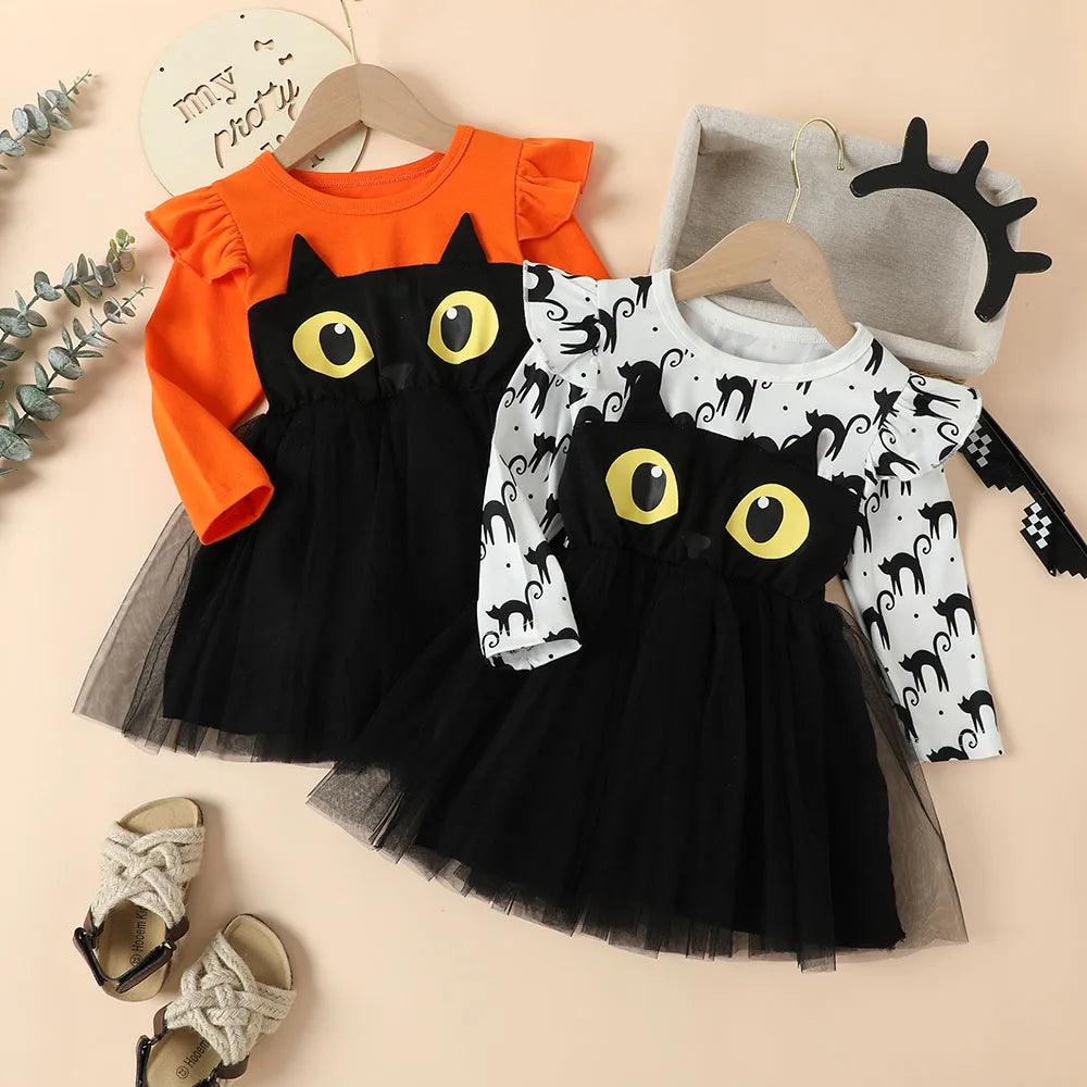 Halloween Infant Baby Girls Tulle Costume Cute Black Cat Lace Dress Ruffles Long Sleeve Princess Clothes Party Outfits girls dresses