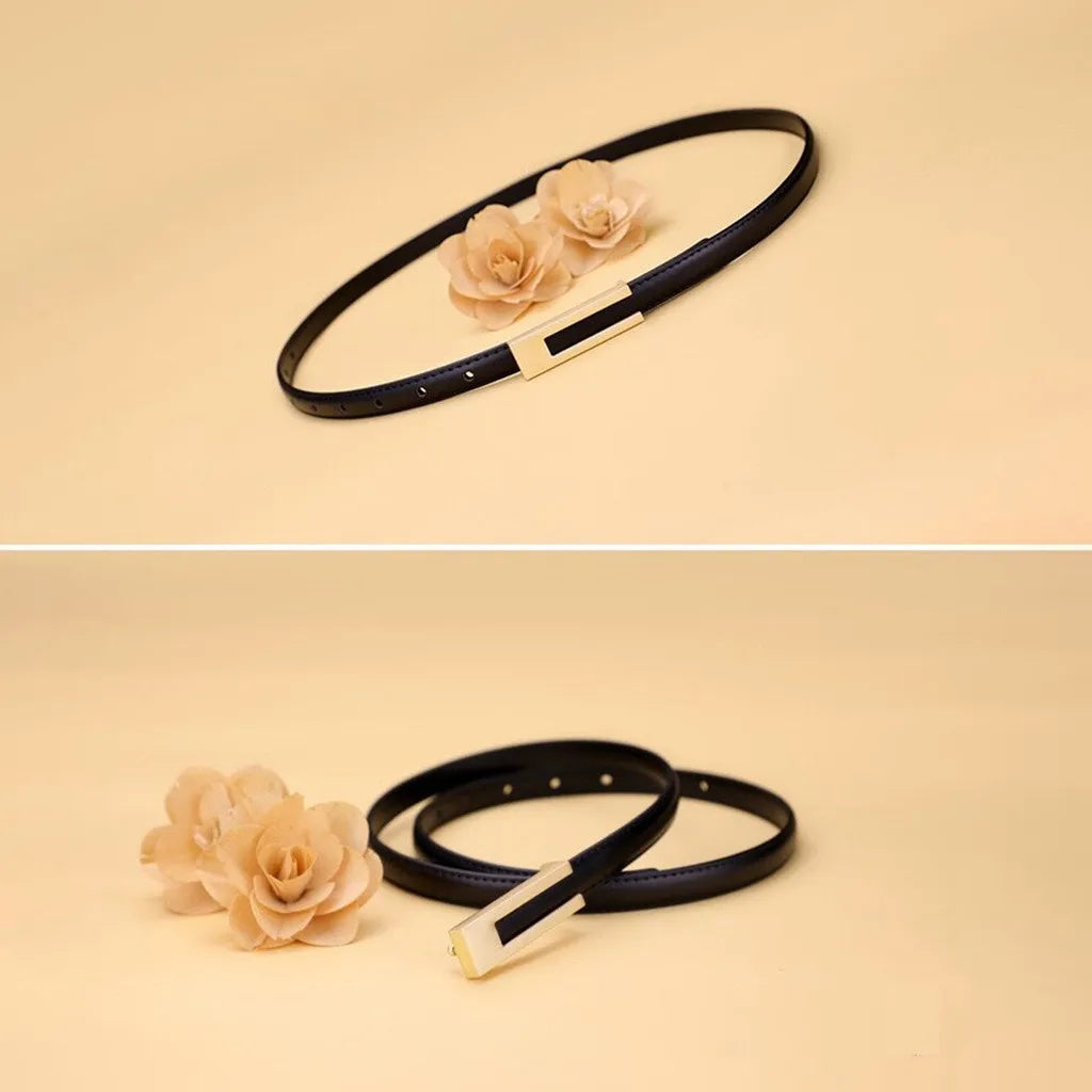 Women Korean Fashionable PU Leather Thin Waist Strap Metal Accessories Basic Belt Women Casual Porous Adjustable Fashion Belt