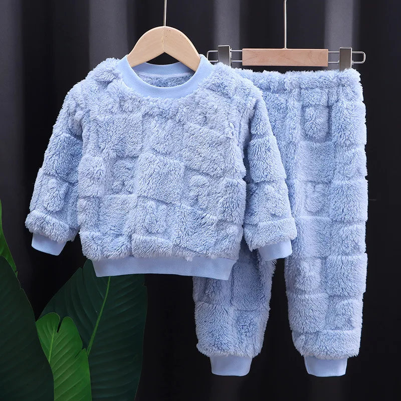 Baby flannel pajamas Korean casual solid color home clothing set for childrens long sleeved pajamas and girls warm underwear set night wear girls