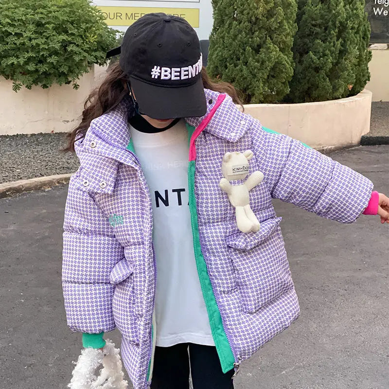 Winter Keep Warm Princess Girls Jacket Grid Design Padded Lining With Velvet Hooded Heavy Coat For Kids Sent Bear Doll girls jackets and coats