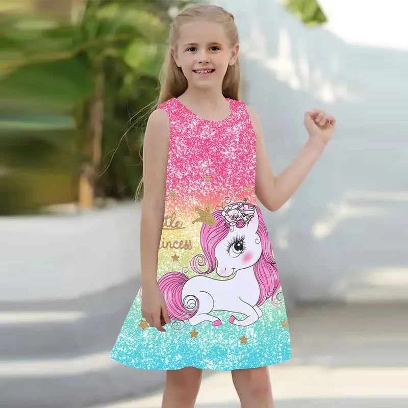 Summer Dress For Young Girls  Kids Clothes Casual Sleeveless 3D Print Children Princess Unicorn Girl Dress From 2 to 7 Years girls dresses