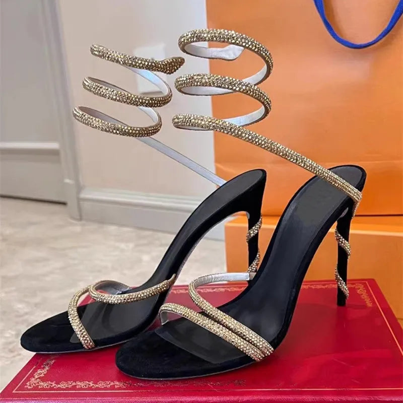 Star style Luxury Crystal Snake Coiled Women Sandals Sexy Stiletto High heels Gladiator Sandals Summer Fashion Party sandal