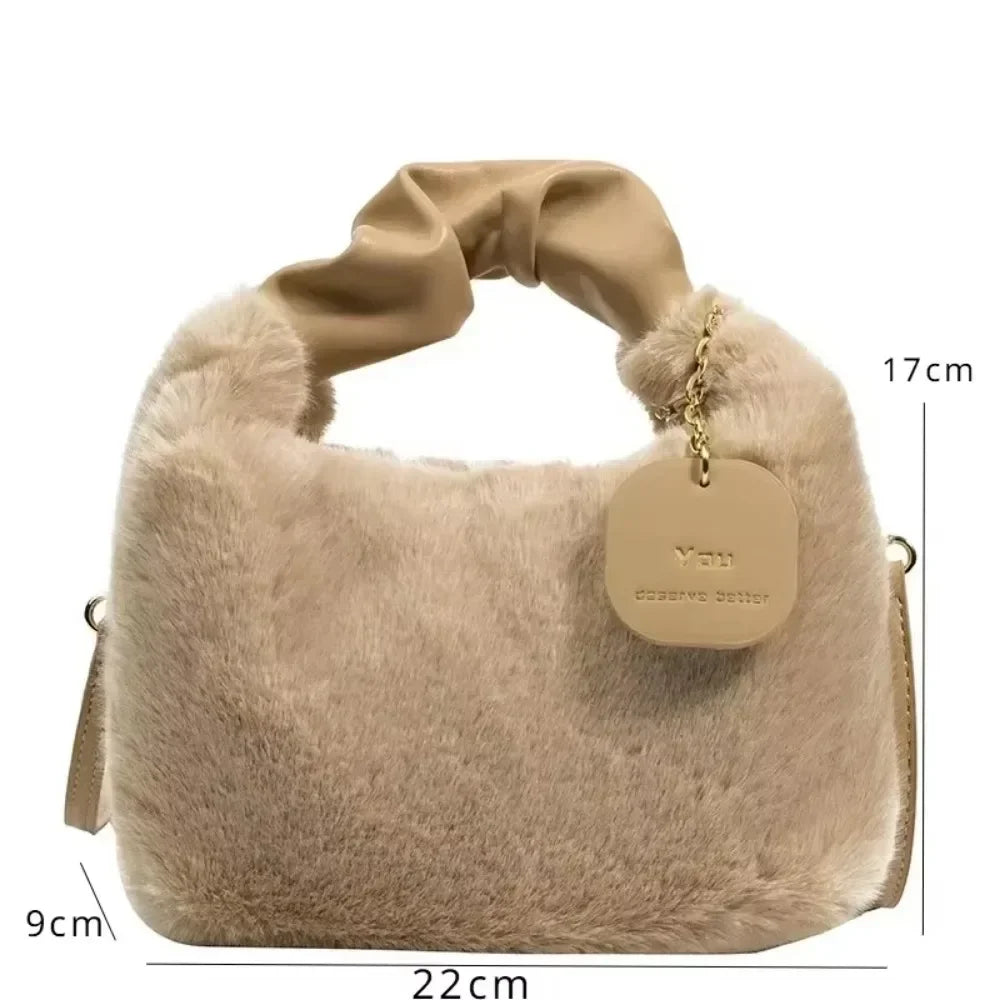 New Fashion Women Lady Shoulder Underarm Bag Solid Color Soft Plush Handbag Fluffy Totes Purse Autumn Winter Shopping Bags