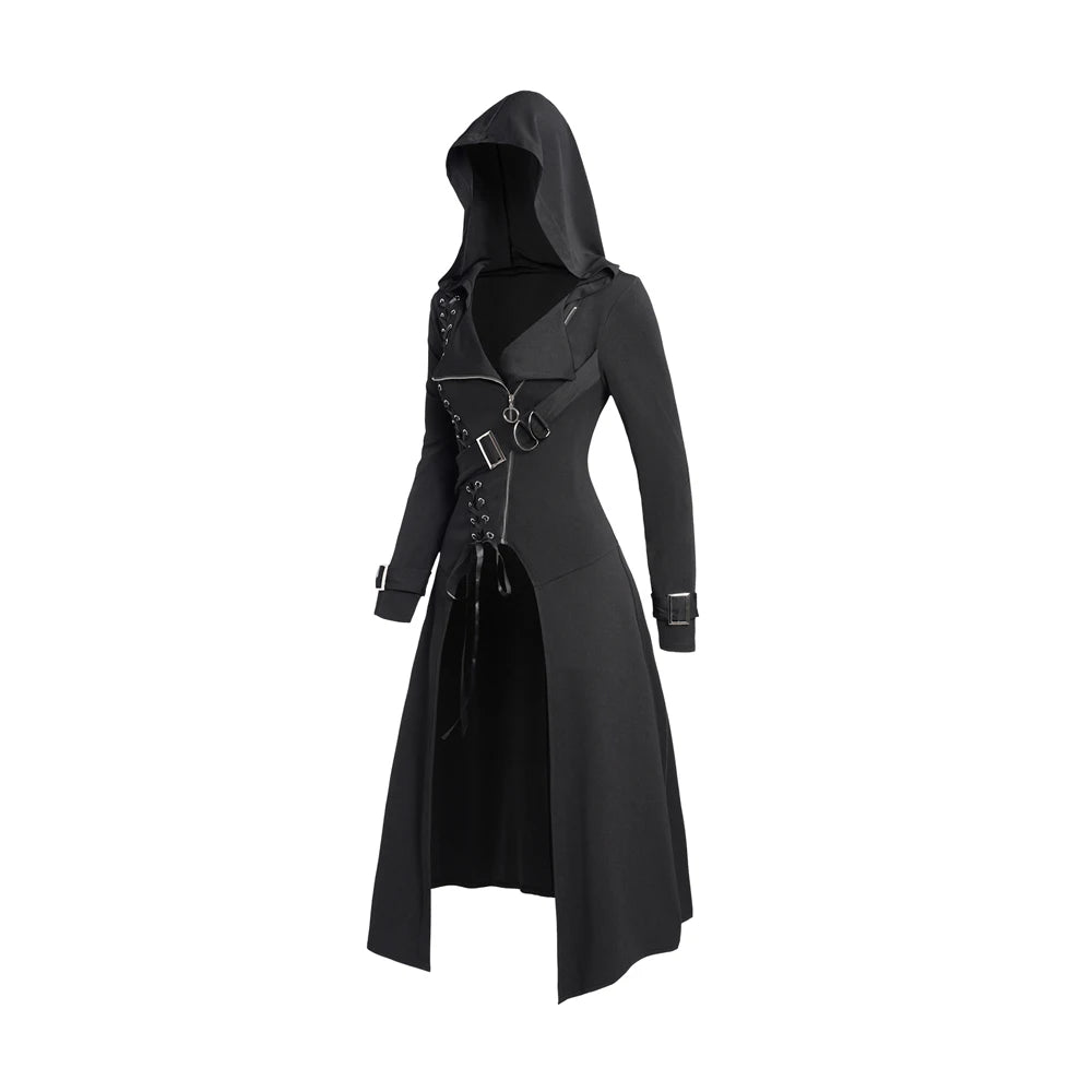 Cappotto con cappuccio punk gotico autunno nuovo tinta unita con lacci e cerniera soprabito per donna manica lunga trench lungo cappotto outwear