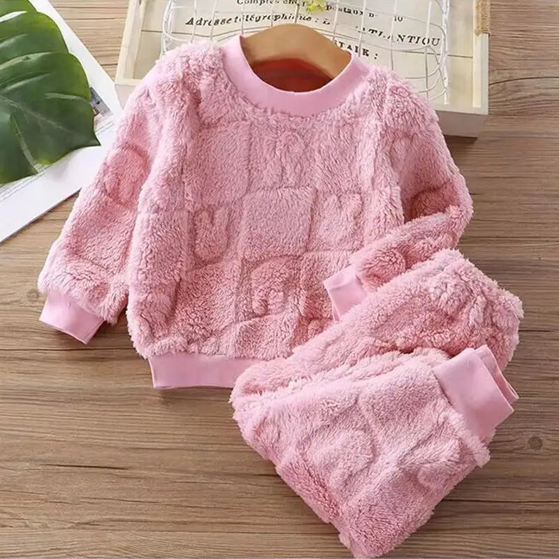 Baby flannel pajamas Korean casual solid color home clothing set for childrens long sleeved pajamas and girls warm underwear set night wear girls