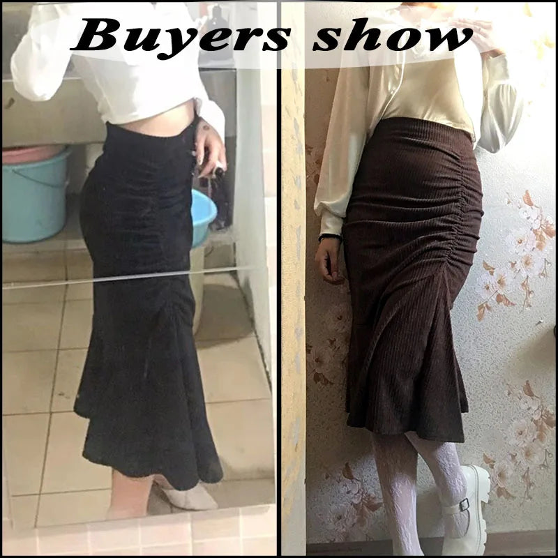 High Waist Midi Skirts for Women  Spring Slim Fit  Hip Mermaid Skirt Woman Korean Ruffles Brown Skirts