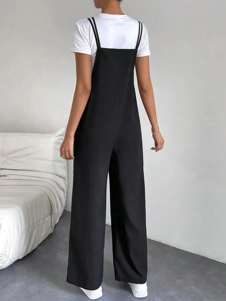 European and American Suspender Jumpsuit Women's Summer New Fashion Casual Solid Long Wide Leg Women Overalls Jumpsuit