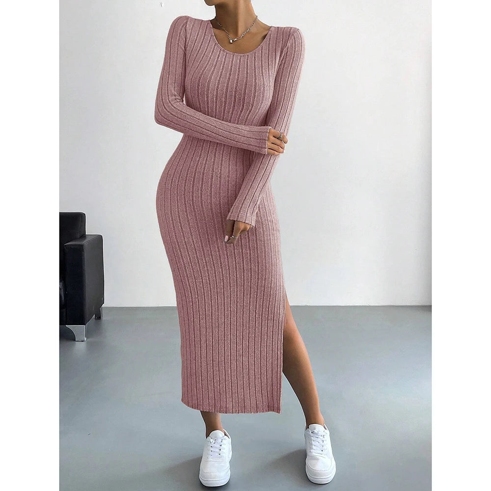 Mia Muse Women's Dresses Autumn French Plain Stripe Split Long Sleeve Scoop Neck Bodycon Full Length Maxi Casual long dress