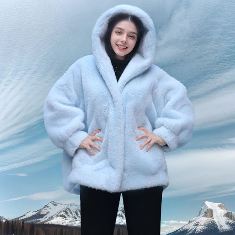 Faux Mink Fur Coat Women Thick Coat Autumn Winter New Casual Hooded V-neck Lady Clothes Fur Jacket elegant Short Coat