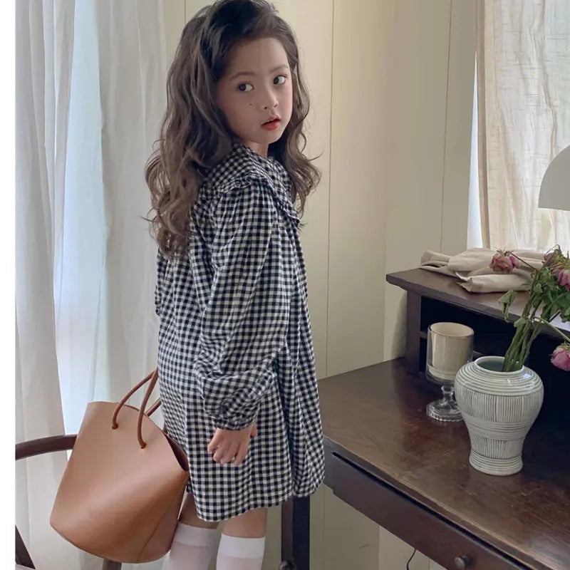 Girls Dress big collar cherry plaid dress princess Dress spring and autumn new style Clothes girls dresses