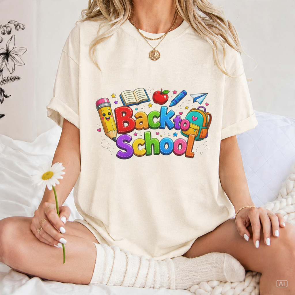 Back to School cartoon graphic Tee | Pencil, apple, books design