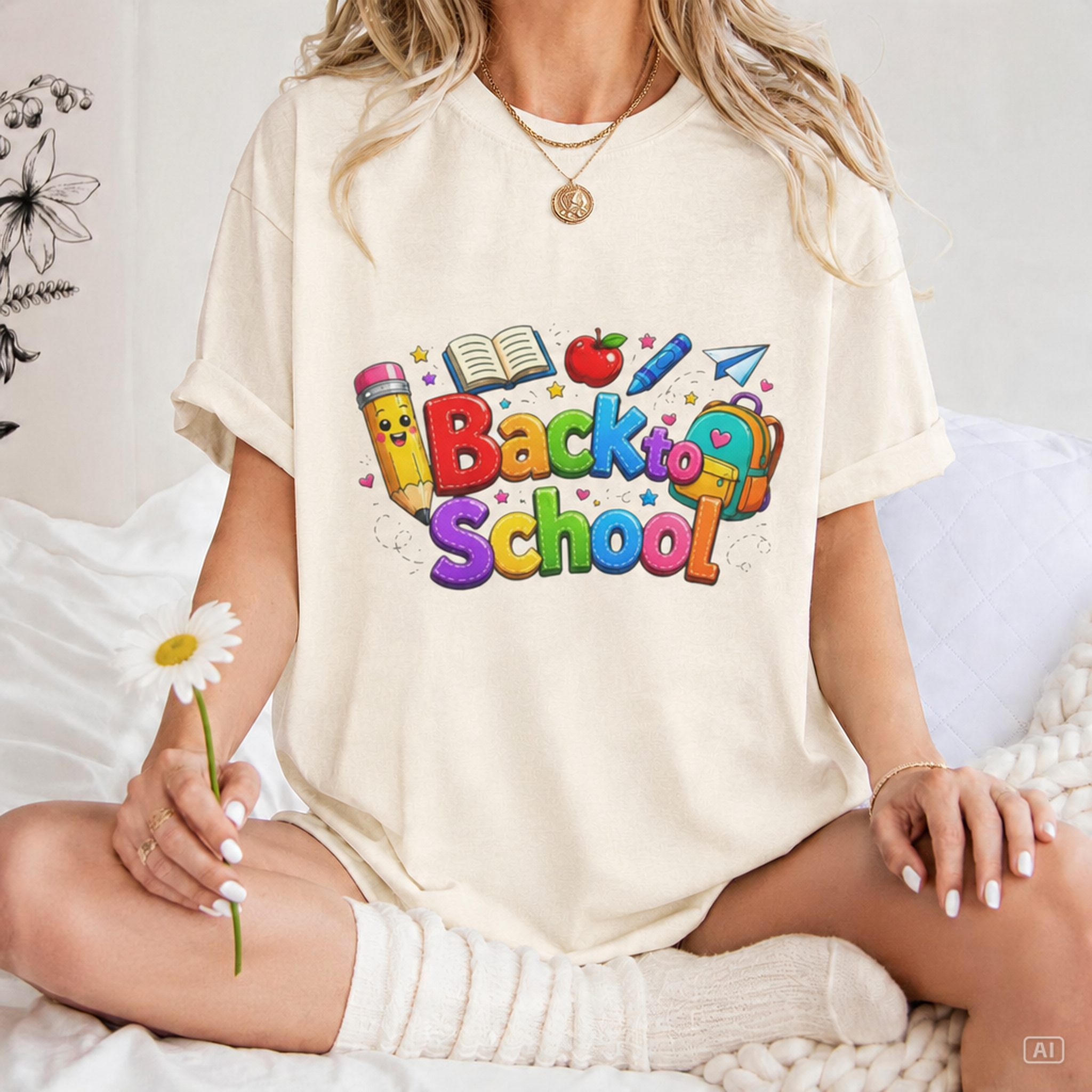 Back to School cartoon graphic Tee | Pencil, apple, books design
