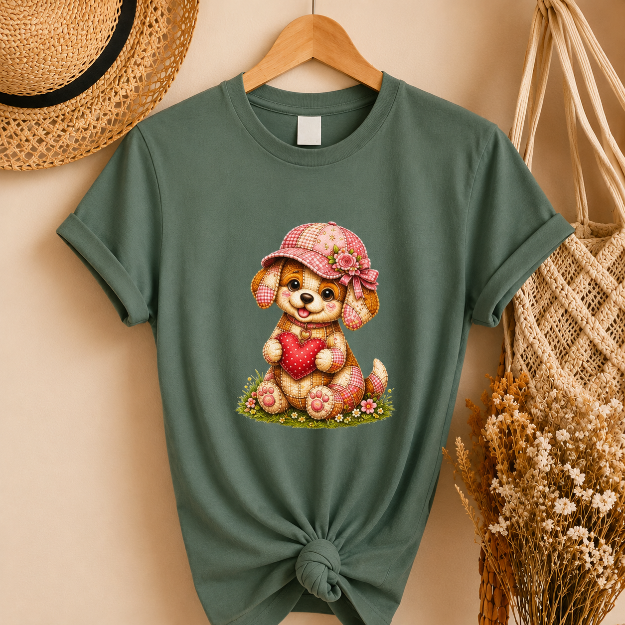 Cute Puppy Holding Heart T-shirt | Floral Hat Valentine Design