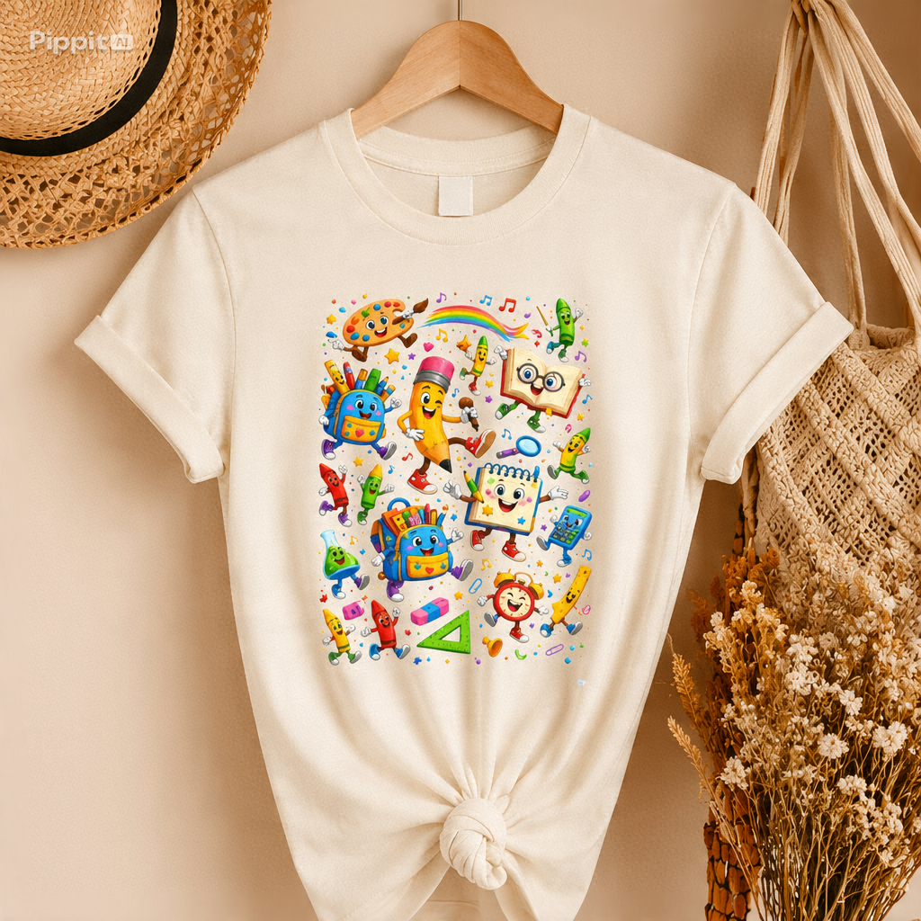 Colorful School Supplies Pattern Tee | Cute Backpack Pencil Ruler Design