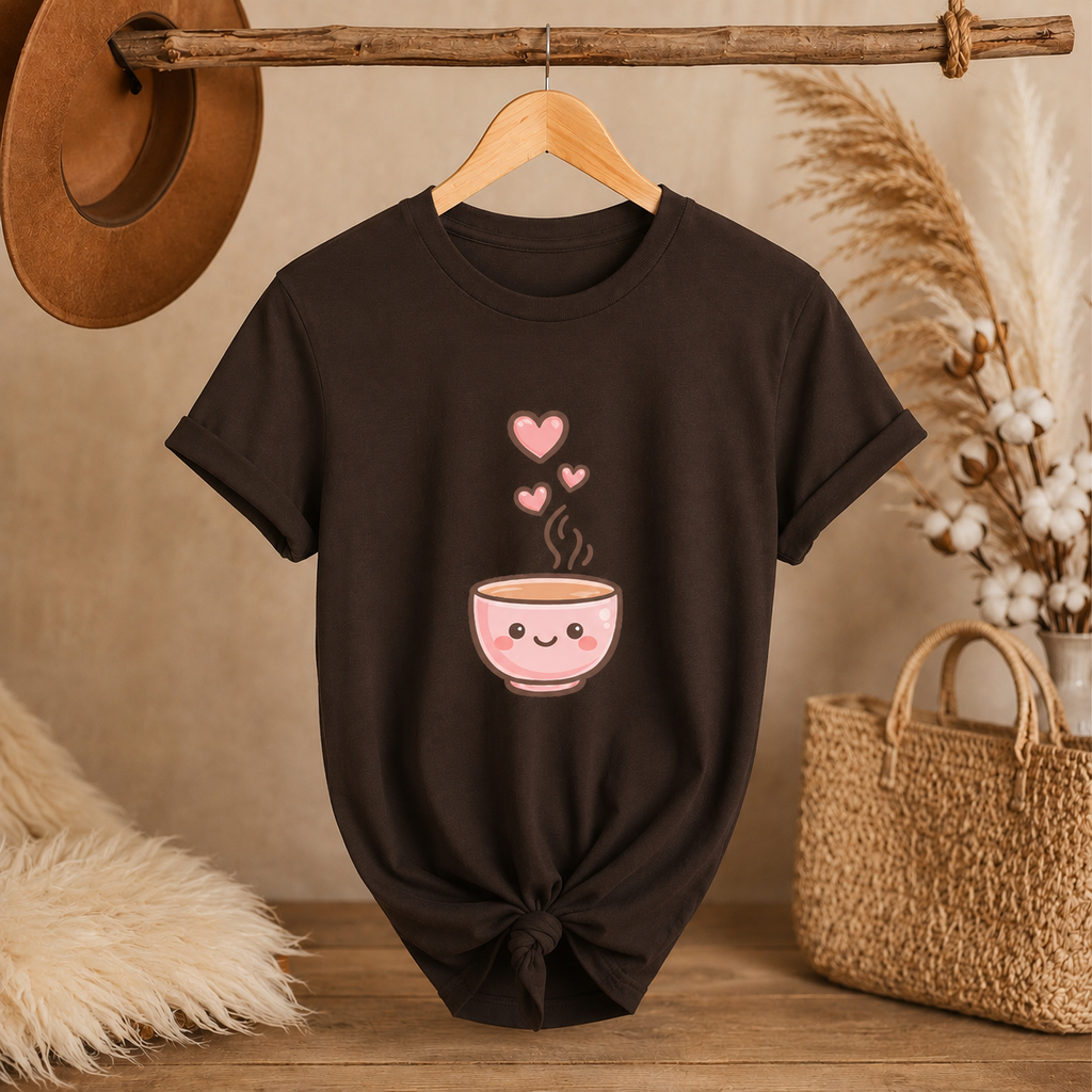 Cute Kawaii Coffee Cup T-Shirt | Smiling Mug with Hearts