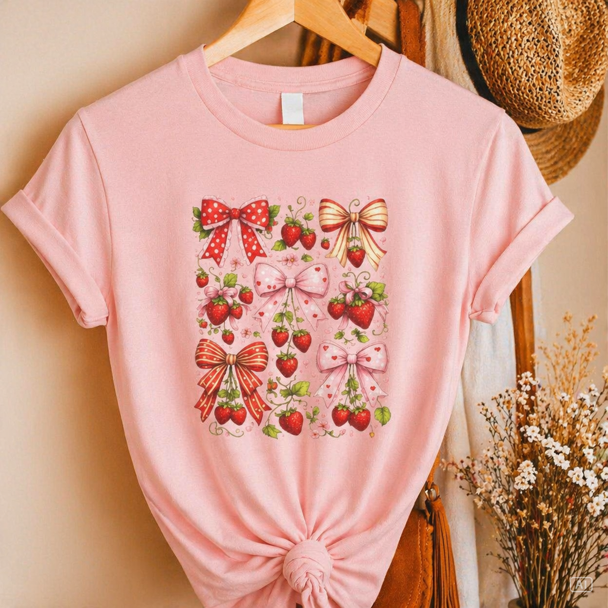 Strawberry Bow Pattern Tee | Cute Fruit and Ribbon Illustration